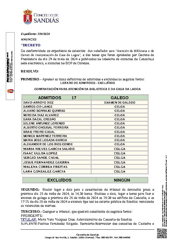 Listado de Admitidos – Excluídos Contratación para Atención da Biblioteca e da Casa da Lagoa – Concello de Sandiás