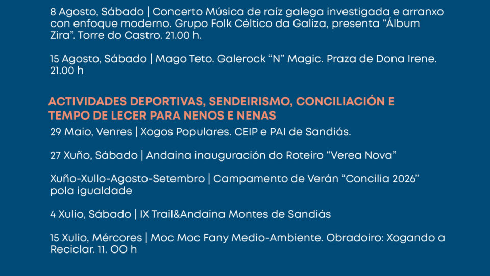 Sandiás abre o verán cultural cunha programación de máis de 43 actividades para todos os públicos