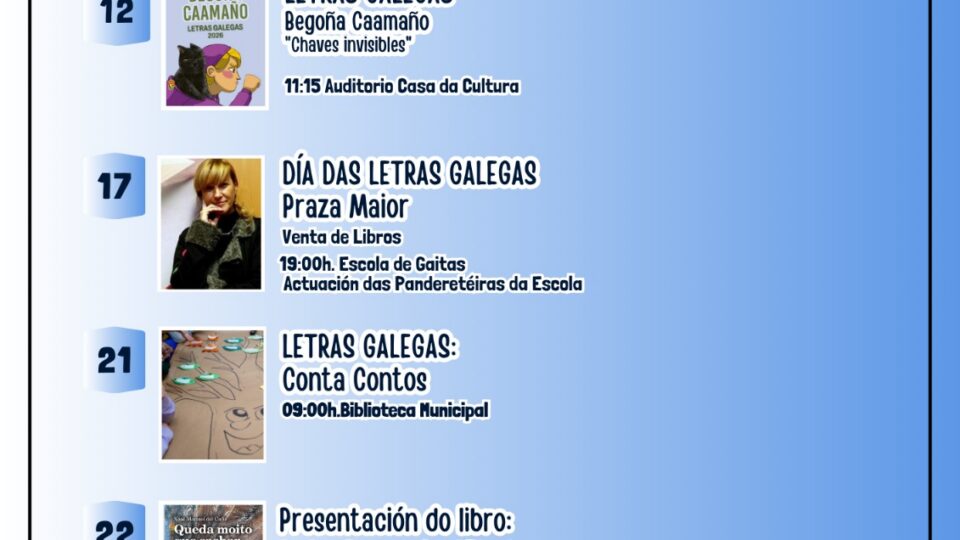 Xinzo celebra as Letras Galegas con catro citas centrais de literatura e tradición