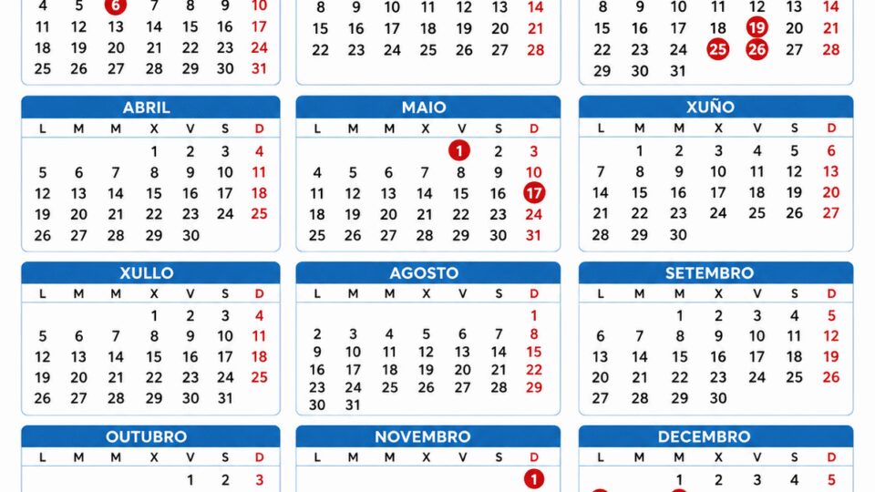 O calendario laboral de Galicia para 2027: festivos, pontes e datas clave