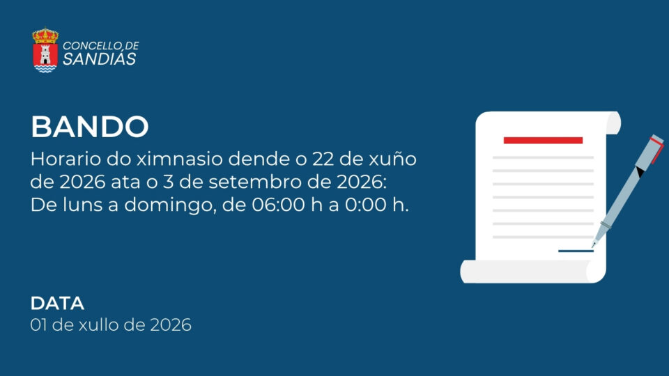 BANDO: Horario do ximnasio dende o 22 de xuño de 2026 ata o 3 de setembro de 2026